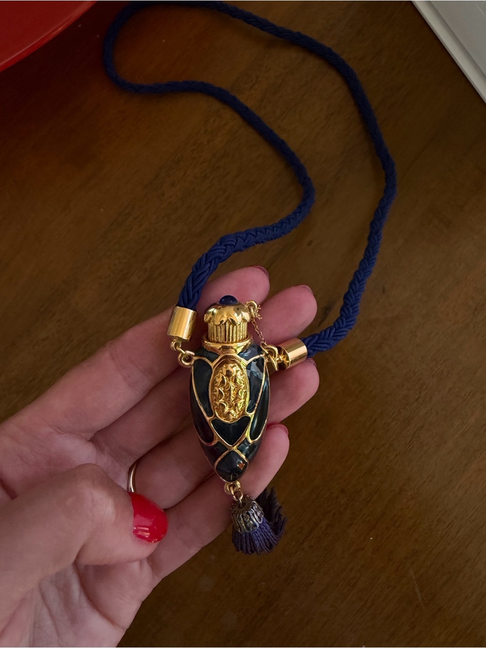 Estee Lauder Royal Blue Tassel Pendant Necklace with Gold Accents 1974